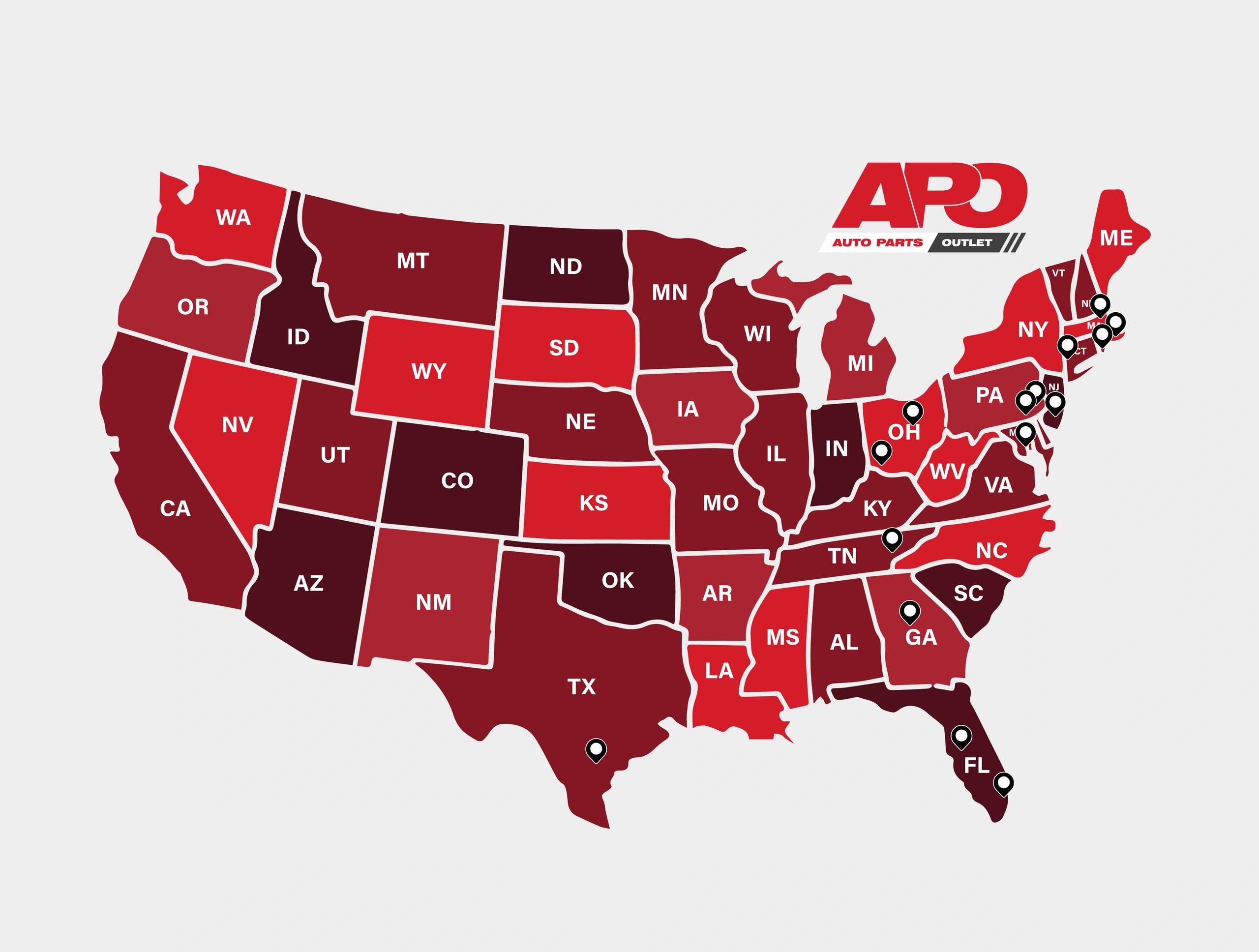 Auto Parts Outlet nationwide distribution map and regional store locations